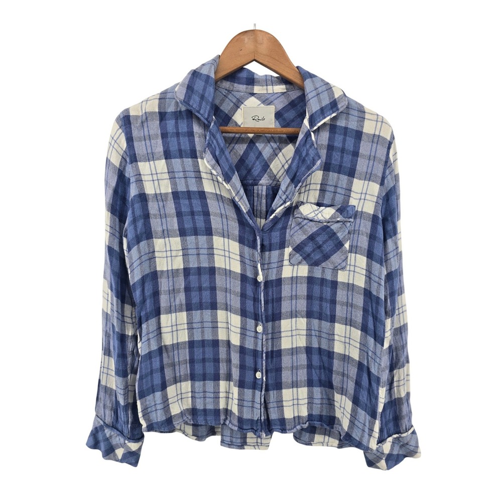 Rails Button Down Women Small Blue White Clara Plaid Flannel Rayon Shirt